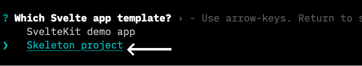 Arrow pointing at Skeleton template option when initializing SvelteKit.